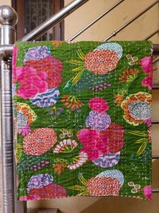 Indian Handmade Fruits Printed Kantha Bedspread Throw Cotton Blanket Gudri Queen - Picture 1 of 7