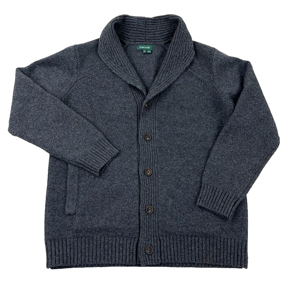 Orvis Cardigan Sweater Men Medium Gray Merino Wool Heavy Grandpa Shawl Neck - Image 1 of 4