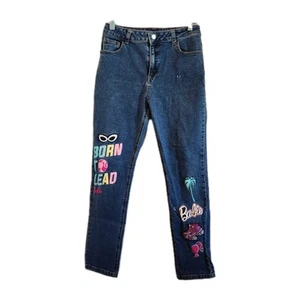 Barbie Born To Lead Denim Jeans Straight Leg Girls Sz 16 Embroidered Patches - Picture 1 of 10