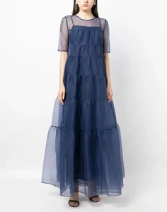 NUEVO CON ETIQUETAS $495 STAUD Maxi Vestido Jacinto Manga Corta Organza en Niveles Azul Marino S - Imagen 1 de 8