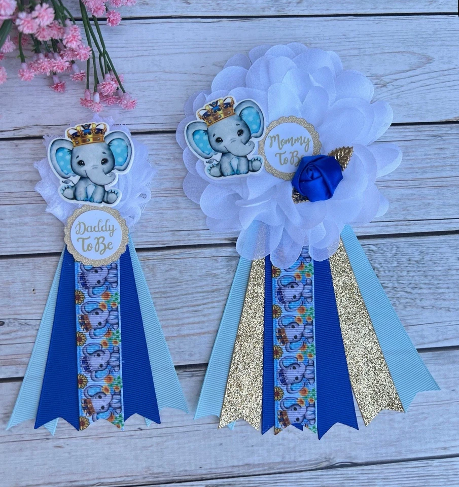 Juego de ramilletes de baby shower elefante, prendedores para mamá y papá Foto 1 de 1