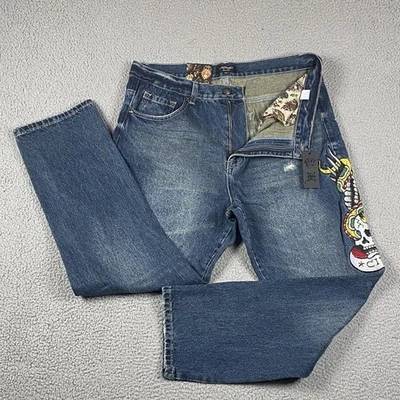 Ed Hardy Denim Jeans 38x30 Slim Fit Embroidered Tattoo Skull New York City - Image 1 of 4