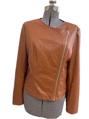 Faux Leather Moto Jacket In Cognac Women’s Size Large Haute Ya Los Angeles NEW - Image 1 of 4