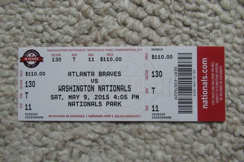 NATIONALS VS ATLANTA BRAVES 5/9/2015 FULL TICKET ~ BRYCE HARPER CAREER HR #66 - Imagem 1 de 1