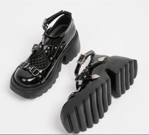 Scarpe donna chic vernice fibbia cinturino plateau tacco grosso incrociato Mary Jane  - Foto 1 di 11