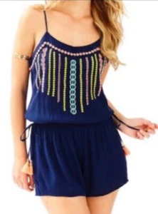 NWT Lilly Pulitzer Women's Romper XS Embroidered Blue Pink Yellow Tassels Boho - Picture 1 of 12