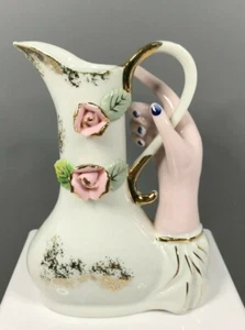 Vintage Lady Hand Holding Floral Pitcher Porcelain Figurine - Japan - Picture 1 of 7