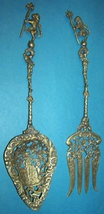 BAROQUE STYLE BRASS SERVING FORK & SPOON - ITALY - ORNATE LION - MAN - NEPTUNE - Picture 1 of 10