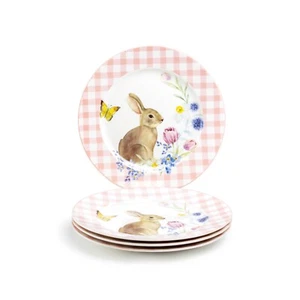 Grace Teaware Meadow Bunny Pink Gingham Fine Porcelain Dessert Plates Set of 4 - Picture 1 of 2
