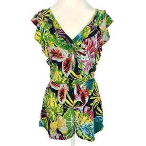 BCBGMAXAZRIA | Navy Blue Green Tropical Print Ruffle Sleeve Romper Summer XS - Picture 1 of 14