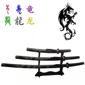 3 Pcs Set Japanese Katana Samurai Swords Black Dragon Engraved with Stand - Picture 1 of 9
