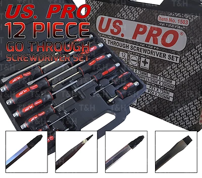 US.PRO MAGNETIC TIP GO THROUGH SCREWDRIVER SET CUSHION GRIP Pozi & Slotted 12Pc