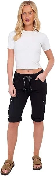 Womens Italian Magic Cargo Shorts Stretchy Plain Magic Comfy Lagenlook Hot Pants - Image 1 of 1