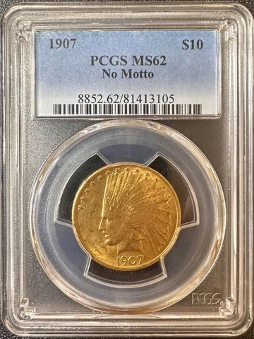 1907 P $10 Indian Head No Motto Gold Eagle PCGS Graded MS62 High Grade, Key Date Cover