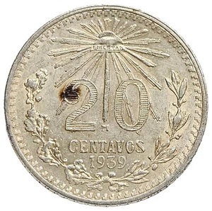 1939 MEXICO 20 CENTAVOS .720 SILVER COIN WWII ERA KM-438 # 1224 - Picture 1 of 3