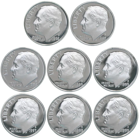 1992-1999 S Roosevelt Dimes 90% Silver Gem Deep Cameo Proof Run 8 Coin Set Cover