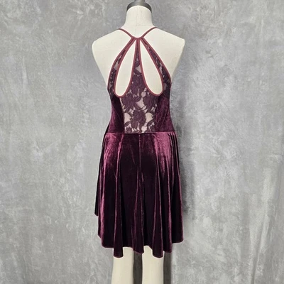 Free People Burgundy Velvet Lace Halter Mini Skater Dress M Romantic Goth Vamp - Image 1 of 4