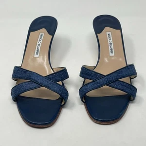 Manolo Blahnik Blue Canvas Heels Size 41 - Picture 1 of 16