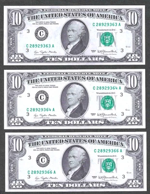 1977 $10 FEDERAL RESERVE PHILADELPHIA ~ ONE NOTE OF 3 CONSECUTIVE GEM CRISP UNC - Image 1 of 3