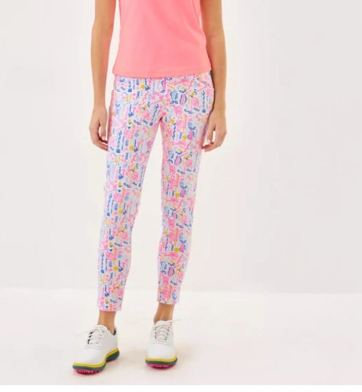 Pantalones de Golf Lilly Pulitzer Luxletic Corso 14 Verano Serenata Blanco Rosa Estampado Foto 1 de 4