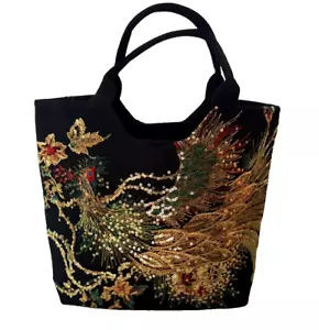 Handtasche Tasche Schwarz Handgefertigt Applikationen Bestickt 37 cm x 34 cm - Bild 1 von 9