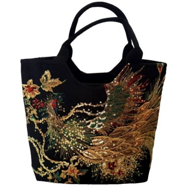 Handtasche Tasche Schwarz Handgefertigt Applikationen Bestickt 37 cm x 34 cm - Bild 1 von 4