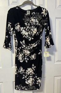 NWT anne klein AK Career dress size 4 Black White Floral Midi 3/4 Sleeve Stretch - Picture 1 of 11