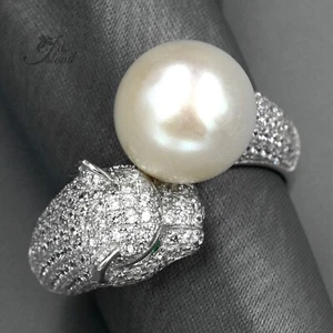 Freshwater Pearl Cubic Zirconia Leopard Design Sterling Silver Adjustable Ring - Picture 1 of 6