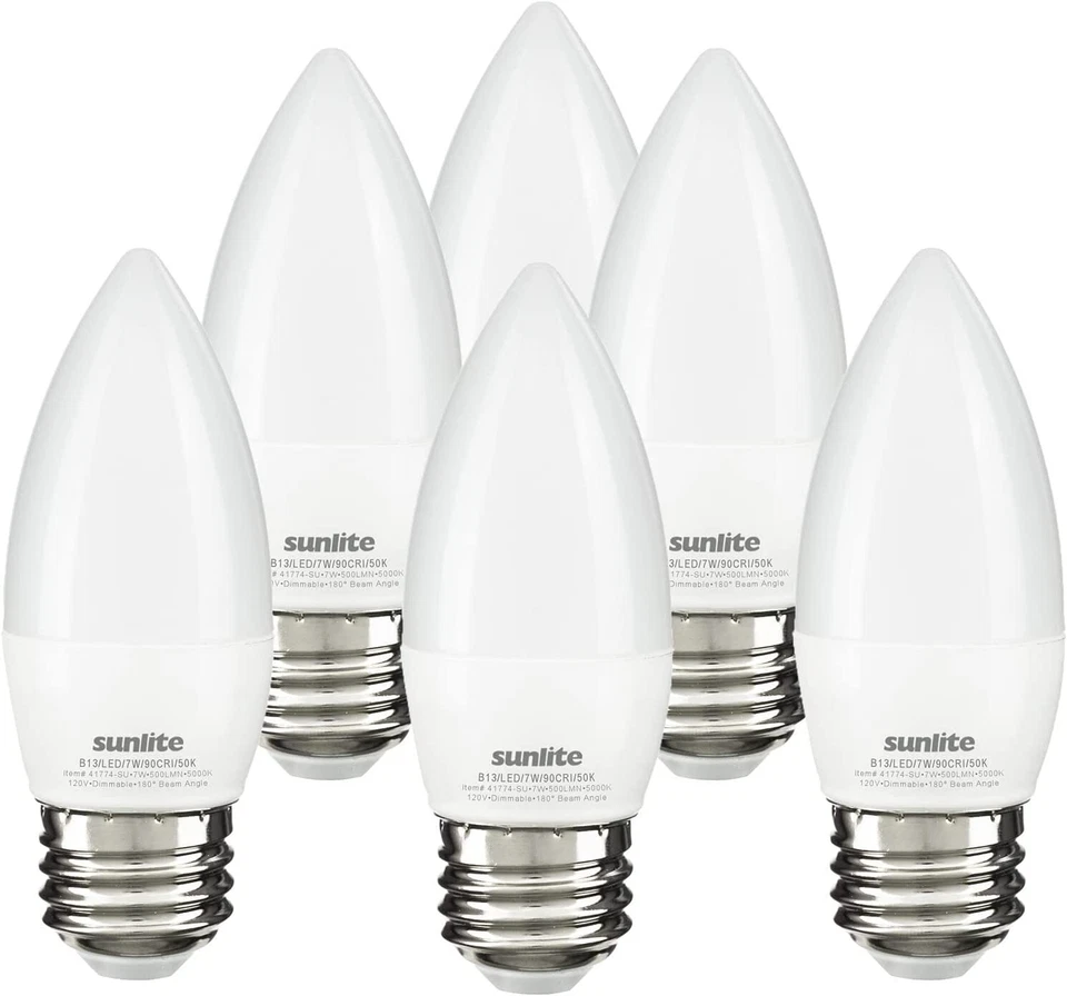 LED B13 Frosted Chandelier Torpedo Bulb 7W(60W=) E26 5000K Daylight 6-Pack - Image 1 of 2