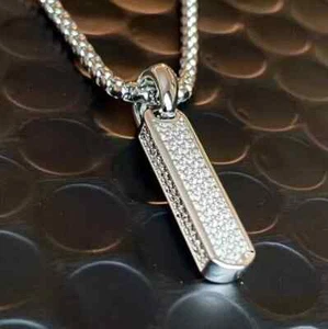 14K Weißgold plattiert 2 kt runder im Labor hergestellter Diamant Unisex Stab Anhänger 18" Kette - Bild 1 von 10