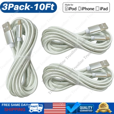 3 Pack 10Ft Long USB Fast Charging Cable For iPhone 13 12 11 7 6 XR Charger Cord - Image 1 of 4