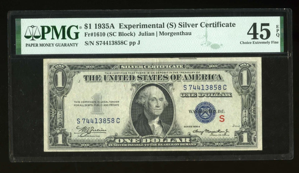 DBR 1935-A $1 Silver Experimental (S) Fr. 1610 PMG 45 EPQ Serial S74413858C - Image 1 of 2