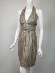 BLACK HALO Silver Brown Metallic Pleat Detail Pockets Halter Dress sz 9 - Picture 1 of 4