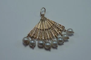  14K Yellow Gold Fan Pendant with 8 Natural Pearls - Picture 1 of 5