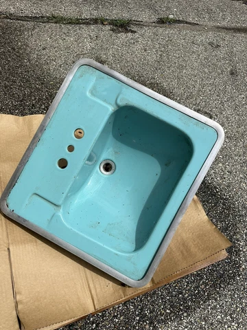 Vtg Mid Century Aqua Blue Green Porcelain Drop In Bath SinkUsed condition.  Scuf Cover