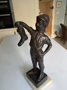 SCULPTURE- ANTIQUE ITALIAN BRONZE COBBLER /BOY ON MARBLE PLINTH. HEAVY. - Picture 1 of 12
