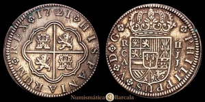 Felipe V 2 Reales (5,83 gramosg) 1721 Cuenca Ensayador JJ CAL-671 EBC- - Imagen 1 de 3