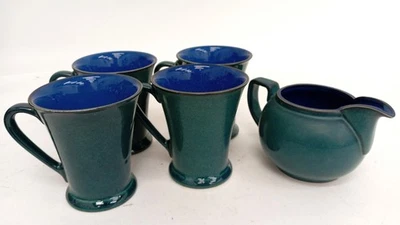 DENBY England, Green/Blue METZ Stoneware x4 Footed Tall Coffee Cups & Milk Jug - Image 1 of 4