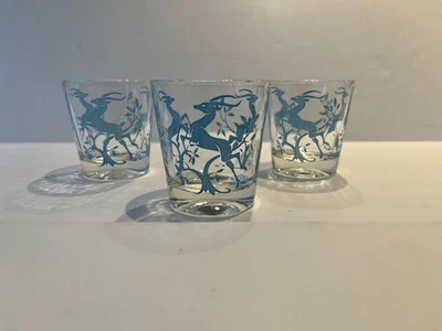 Vintage Art Deco Blue Leaping Gazelle Whiskey/Highball/Rocks Glasses - Set of 3 - Image 1 of 4