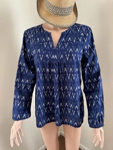 J Crew blue batik zigzag 100% cotton tunic top v-neck elastic cuffs Medium - Picture 1 of 9