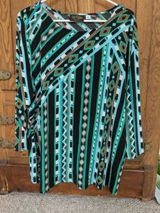 Bob Mackie Ladies XL Blouse Wearable Art 3/4 Sleeve Stretch Black Green Blue - Picture 1 of 6