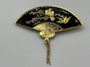 Vintage Fan Brooch Gold Tone Enameled Faux Damascene Asian - Picture 1 of 4