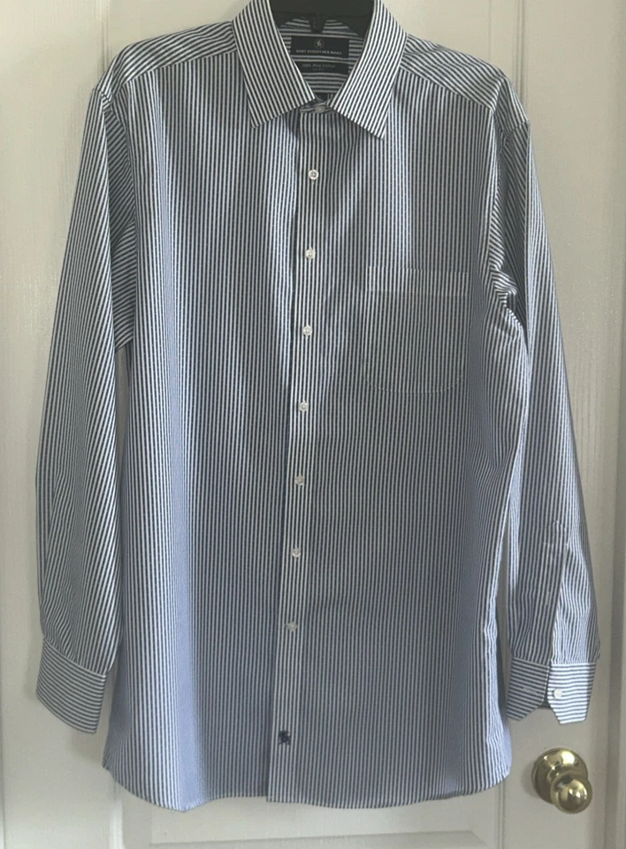 Camisa de vestir Hart Schaffner Marx 16 1/2-35 100 % algodón Pima sin hierro rayas azules Foto 1 de 4