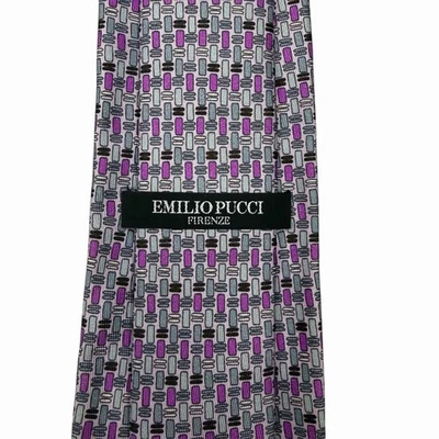 Emilio Pucci Men's Recent Tie Geometric Purple Satin Silk 3 3/8" (W) x 61.5" (L) - Image 1 of 4