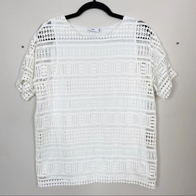 Blusa Top Vince Para Mujer XSmall XS Blanca Geo Encaje Superposición Manga Corta Cuello Redondo Foto 1 de 4