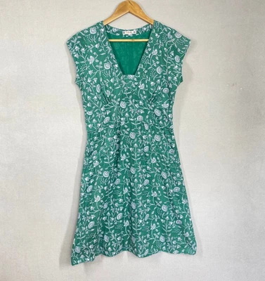 Boom Shankar dress 10 cotton green white botanical cap sleeves v-neck wide waist - image 1 of 4