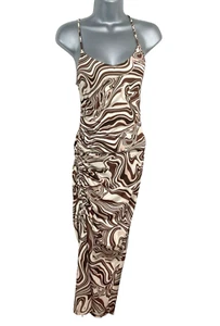 Bershka Maxi Dress Brown & Cream Ruched Side Slit Women’s UK Size XS - Picture 1 of 8