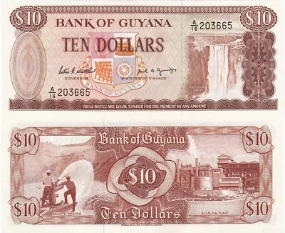 Guyana 10 Dollars (ND/1989) - Bauxite Mine/Aluminum Plant/p23d UNC - Image 1 of 3