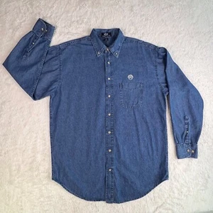 Camisa Denim Vintage Para Hombre GRANDE Azul SHELL OIL Bordado Logo Bolsillo Y2K - Imagen 1 de 8