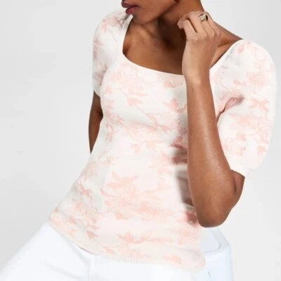 Suéter Floral INC International Concepts Rosa Pastel Melocotón Crema Manga Abullonada Foto 1 de 4